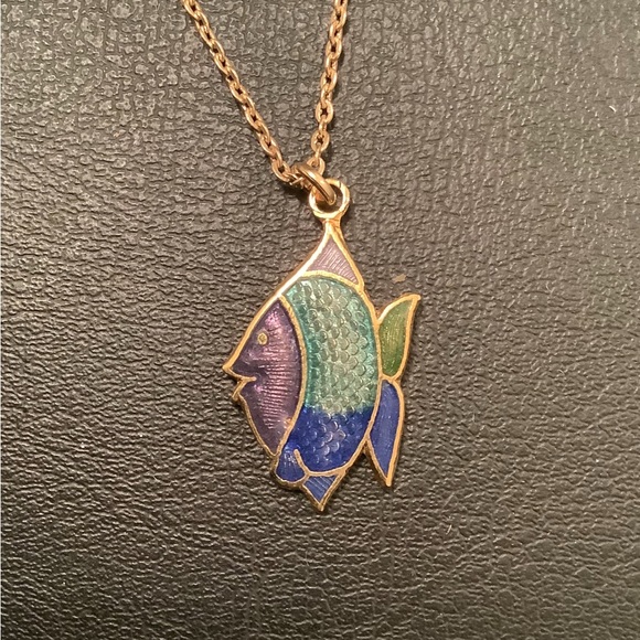 NEW Cloisonné Angelfish necklace blue purple gold - Picture 2 of 5